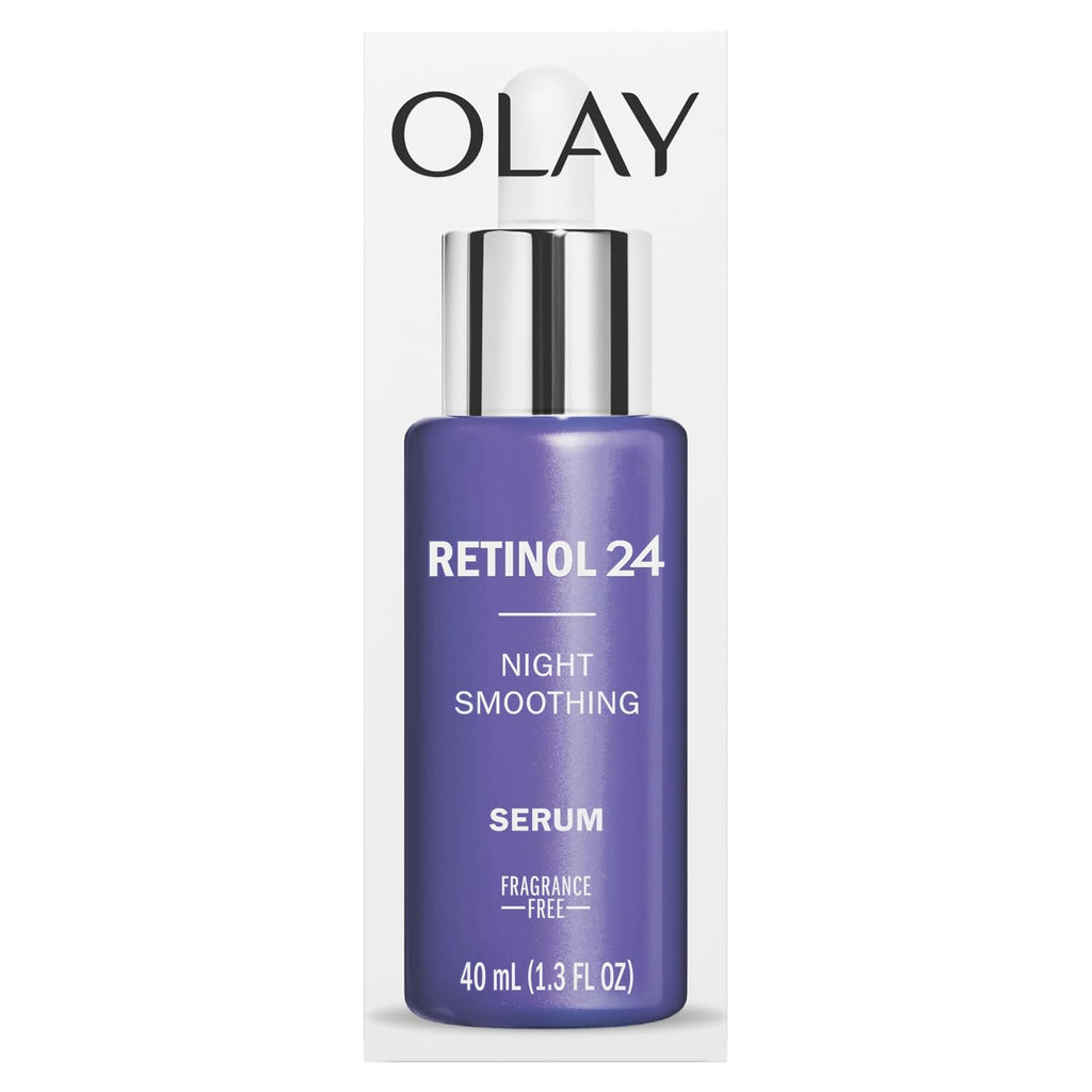 Olay Retinol 24 Night Smoothing Serum in a purple bottle with a silver cap, shown against its white packaging box.