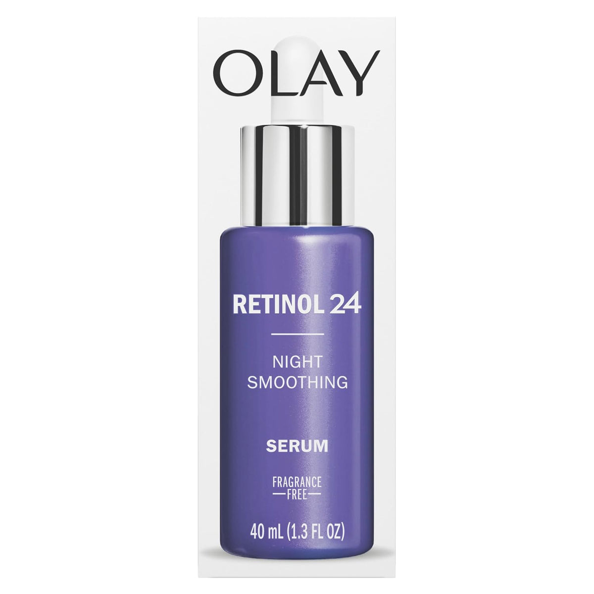 Olay Retinol 24 Night Smoothing Serum in a purple bottle with a silver cap, shown against its white packaging box.