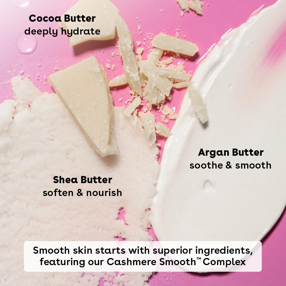 Shea butter, cocoa butter, and argan butter with text on a pink background