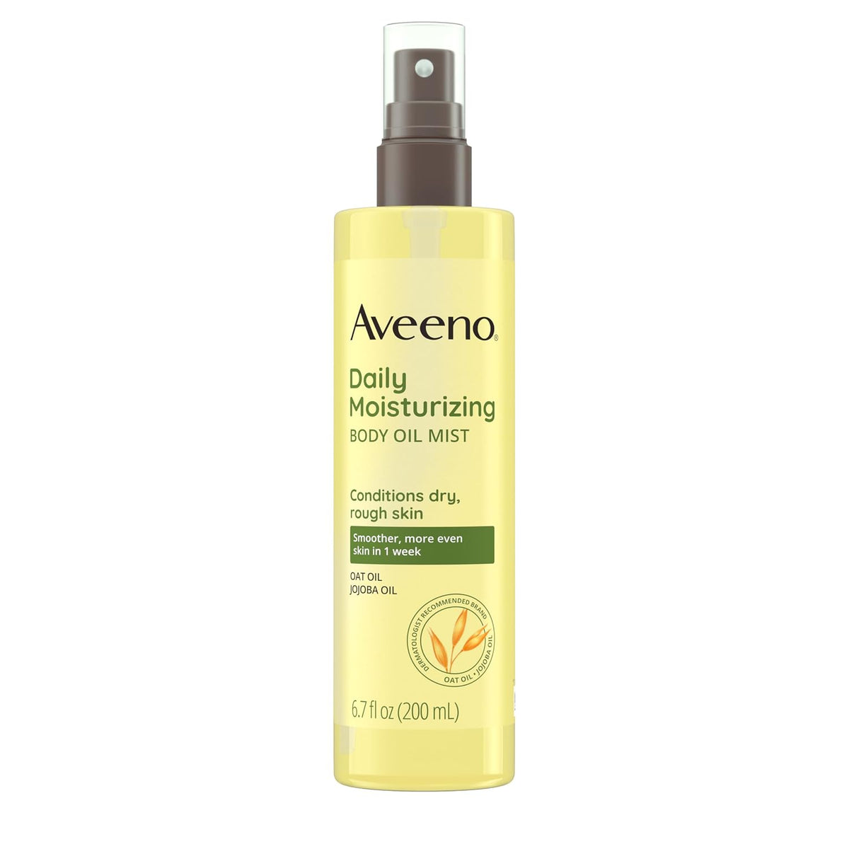 Aveeno Daily Moisturizing Body Oil Mist in a 6.7 fl oz (200 mL) pump bottle, featuring a pale yellow body, dark brown spray top, and green text on a white background.