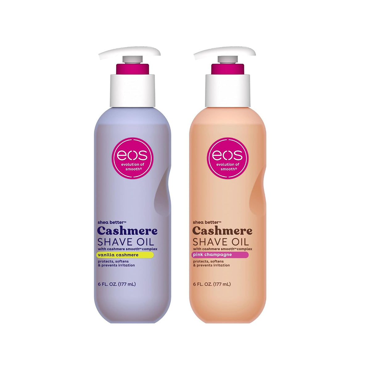 Two EOS Cashmere Shave Oil bottles side by side on a white background, one in lavender and one in peach, both with white pump dispensers and pink caps.