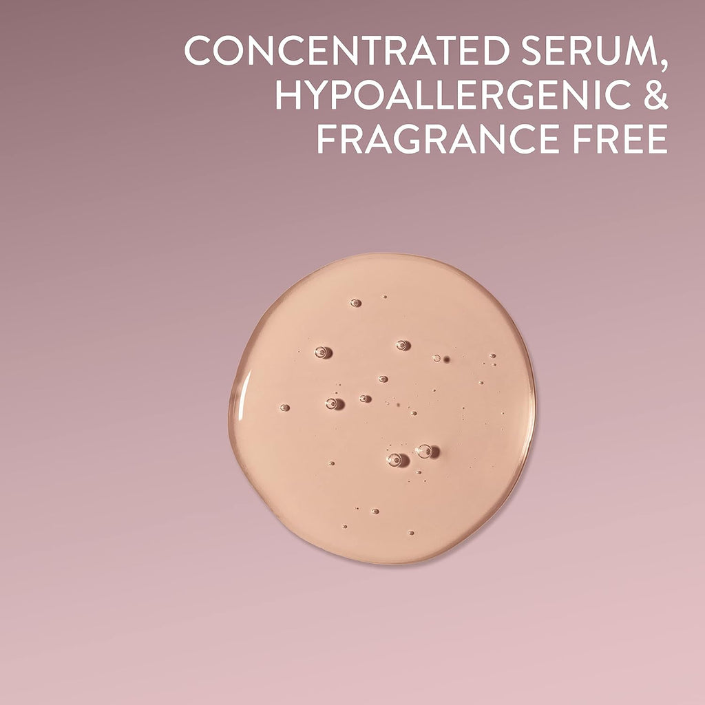 Concentrated serum on a pink background with text indicating it is hypoallergenic and fragrance-free.