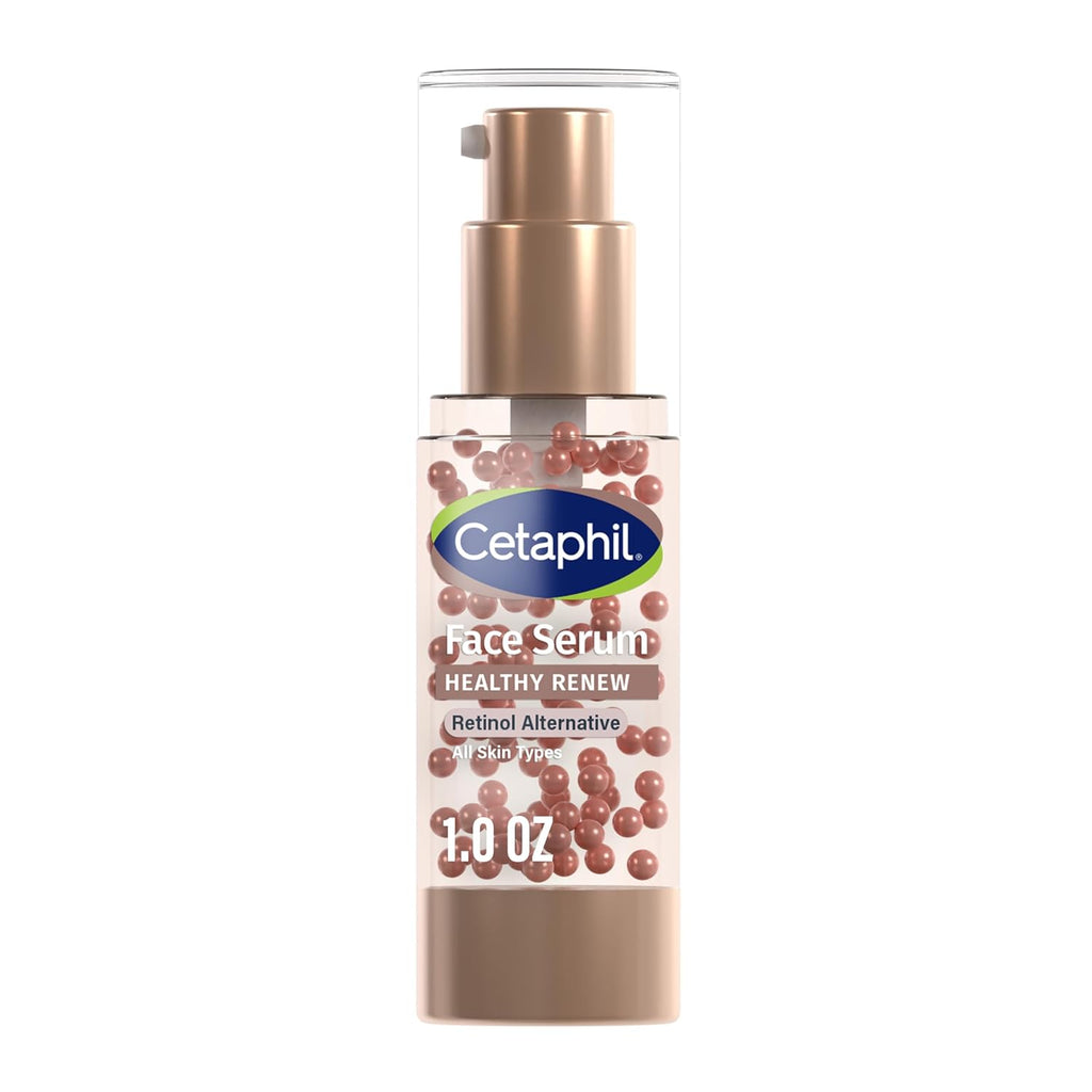 Cetaphil Face Serum Healthy Renew in a 1.0 oz clear bottle with a metallic gold pump and a clear cap, shown on a white background.