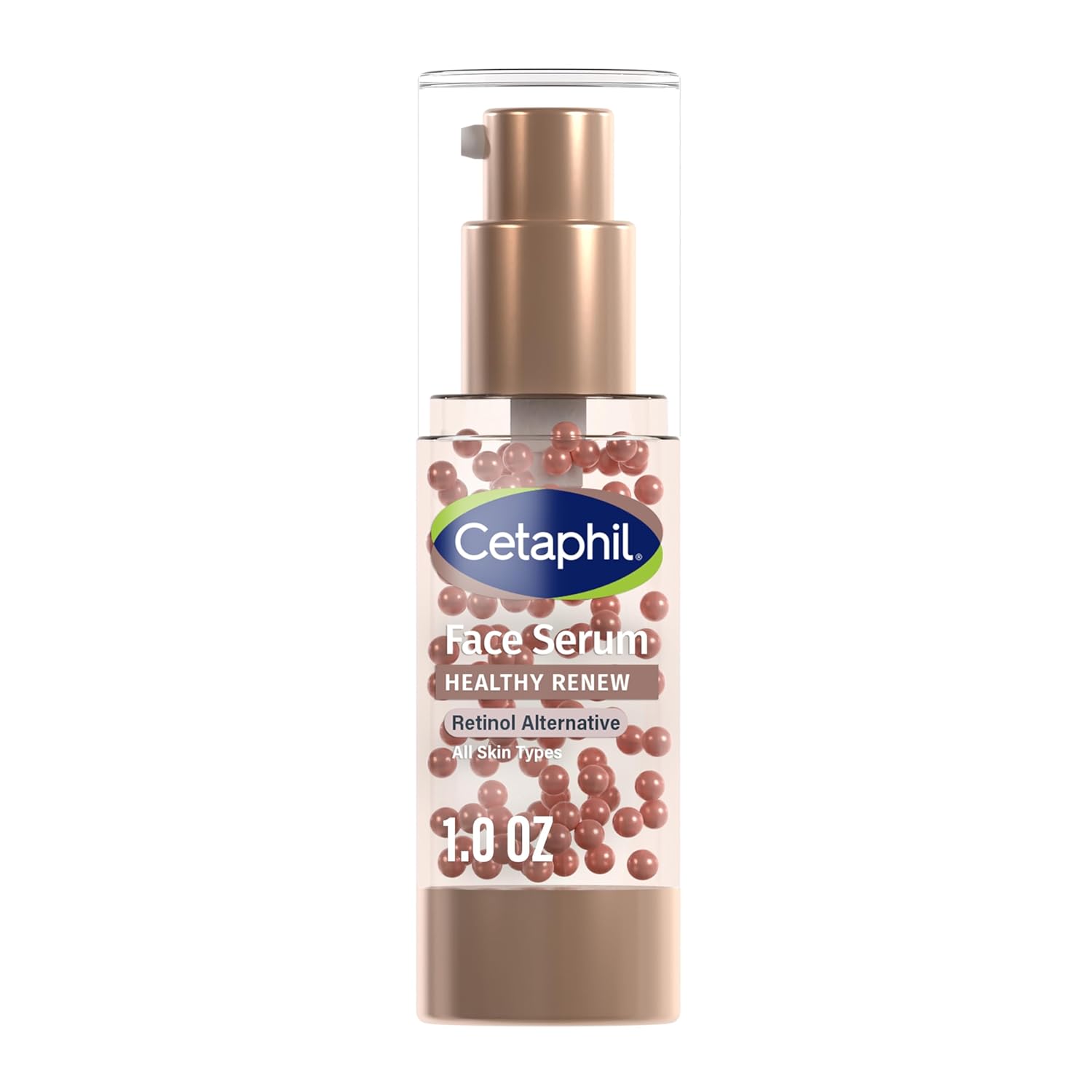 Cetaphil Face Serum Healthy Renew in a 1.0 oz clear bottle with a metallic gold pump and a clear cap, shown on a white background.