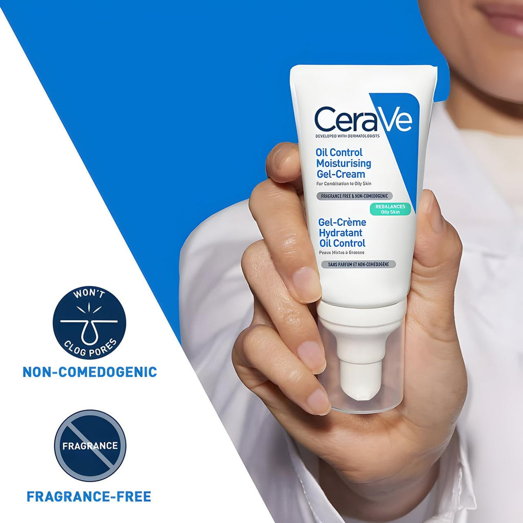 CeraVe oil control moisturizing gel-cream held in a hand with product features highlighted.