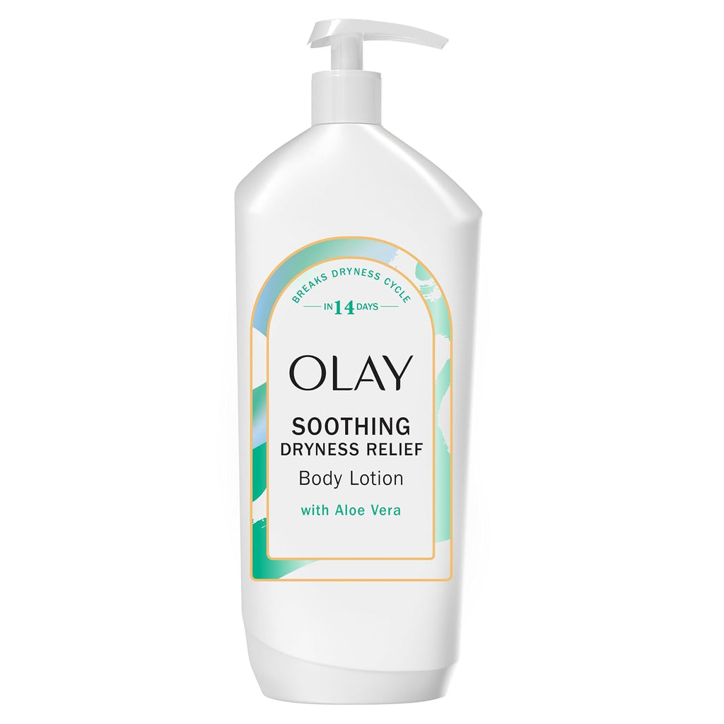 A white plastic pump bottle of Olay Soothing Dryness Relief Body Lotion with Aloe Vera, shown against a plain white background.