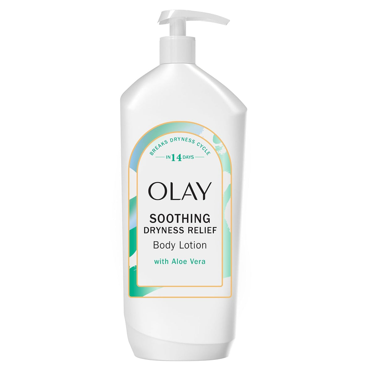 A white plastic pump bottle of Olay Soothing Dryness Relief Body Lotion with Aloe Vera, shown against a plain white background.