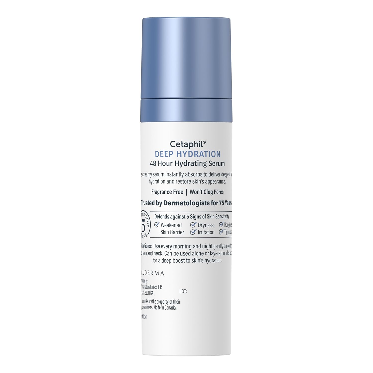 A single bottle of Cetaphil Deep Hydration 48 Hour Hydrating Serum on a plain white background. The bottle is white with a light blue cap and features black text detailing the product's benefits and ingredients.