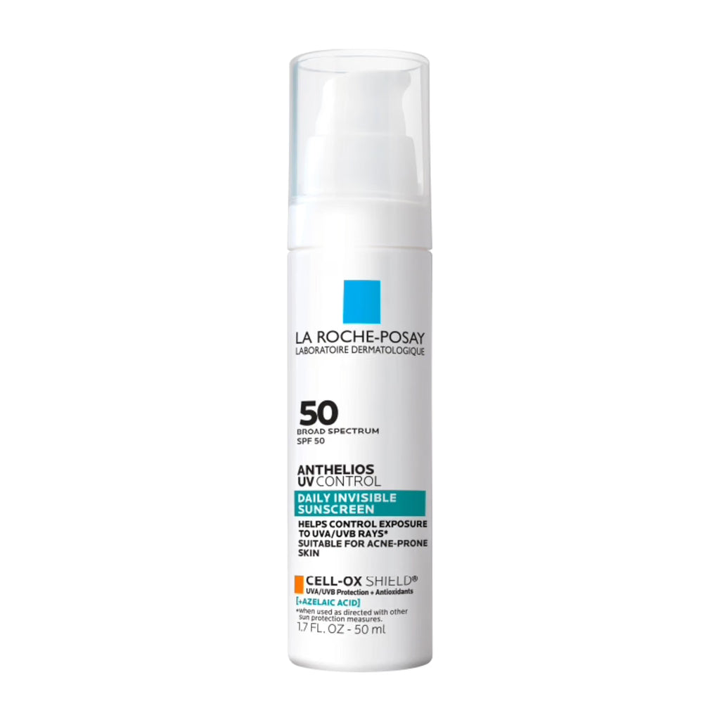 A white bottle of La Roche-Posay Anthelios UV Control Daily Inverse Skin Sunscreen with SPF 50, featuring a clear cap and blue and orange accents on the label, set against a plain white background.