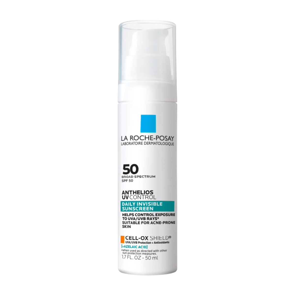 A white bottle of La Roche-Posay Anthelios UV Control Daily Inverse Skin Sunscreen with SPF 50, featuring a clear cap and blue and orange accents on the label, set against a plain white background.