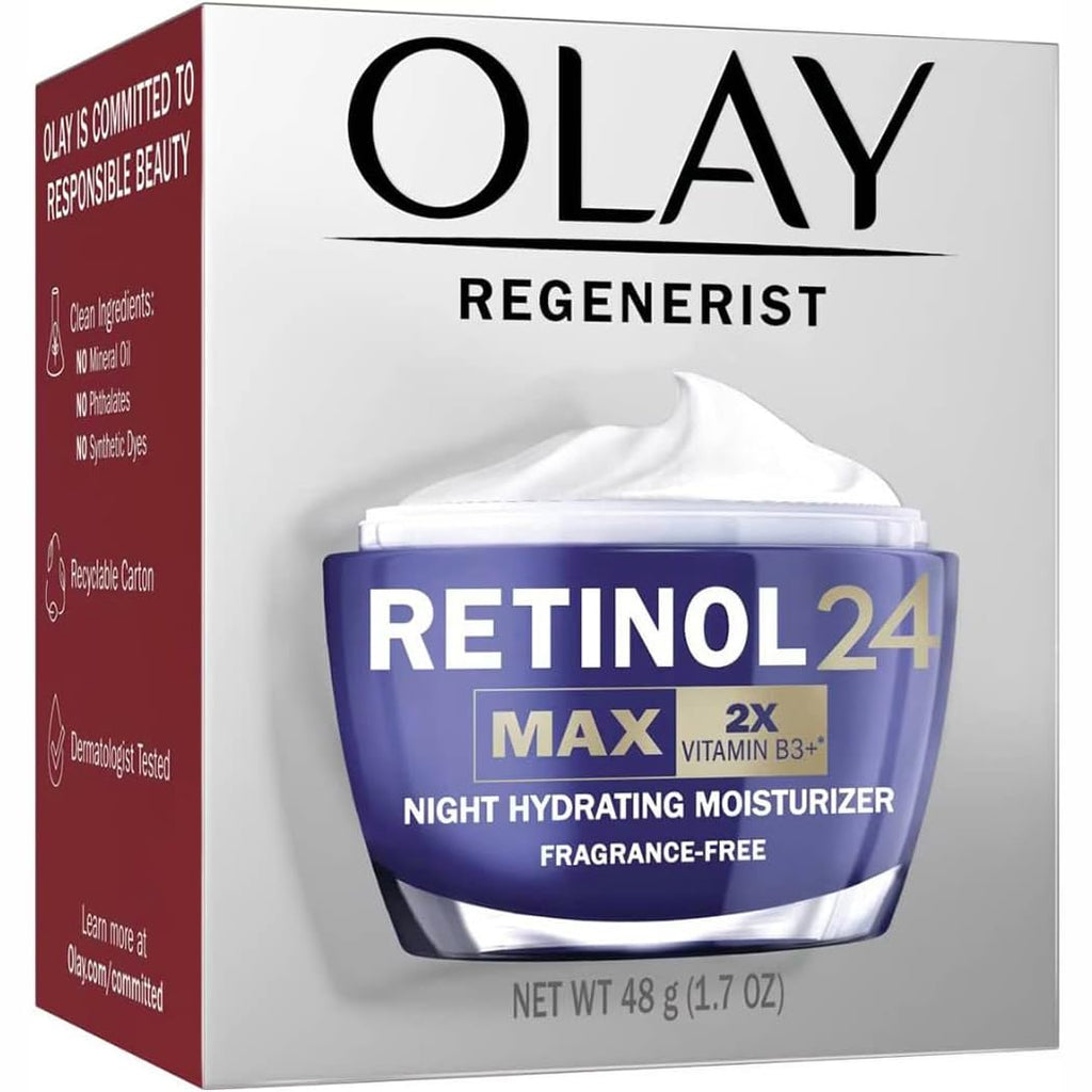 Olay Regenerist Retinol 24 night hydrating moisturizer packaging on a white background