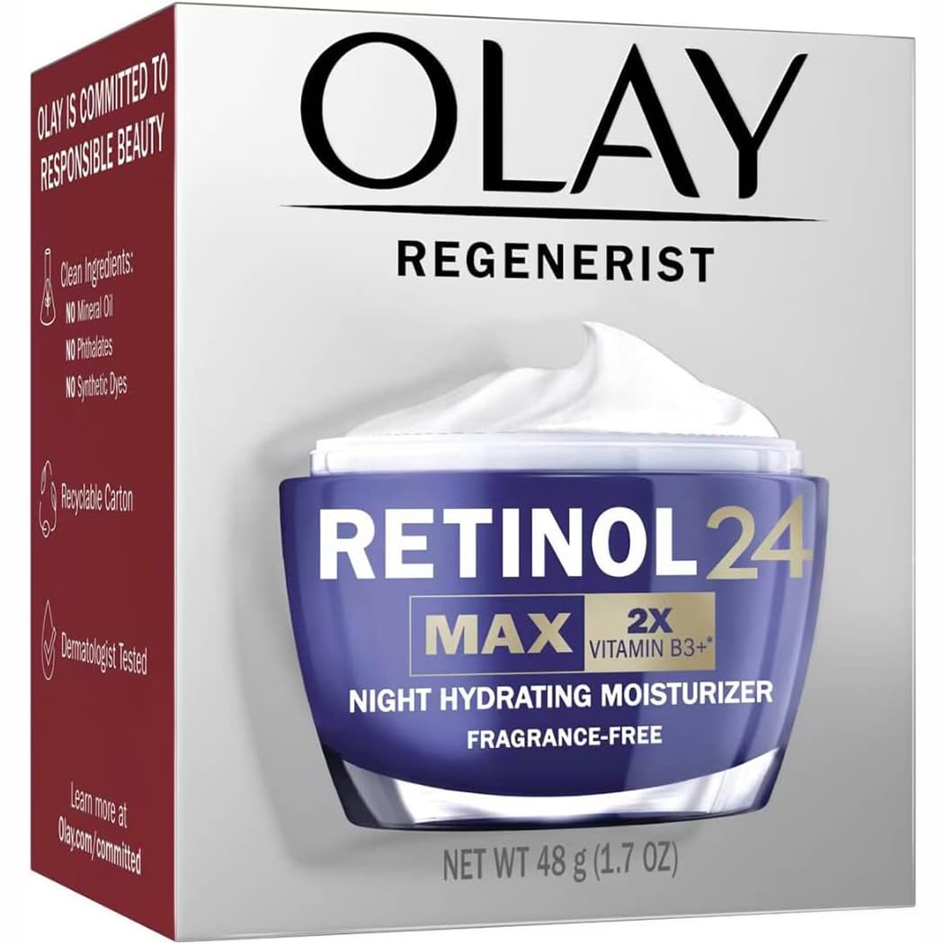 Olay Regenerist Retinol 24 night hydrating moisturizer packaging on a white background