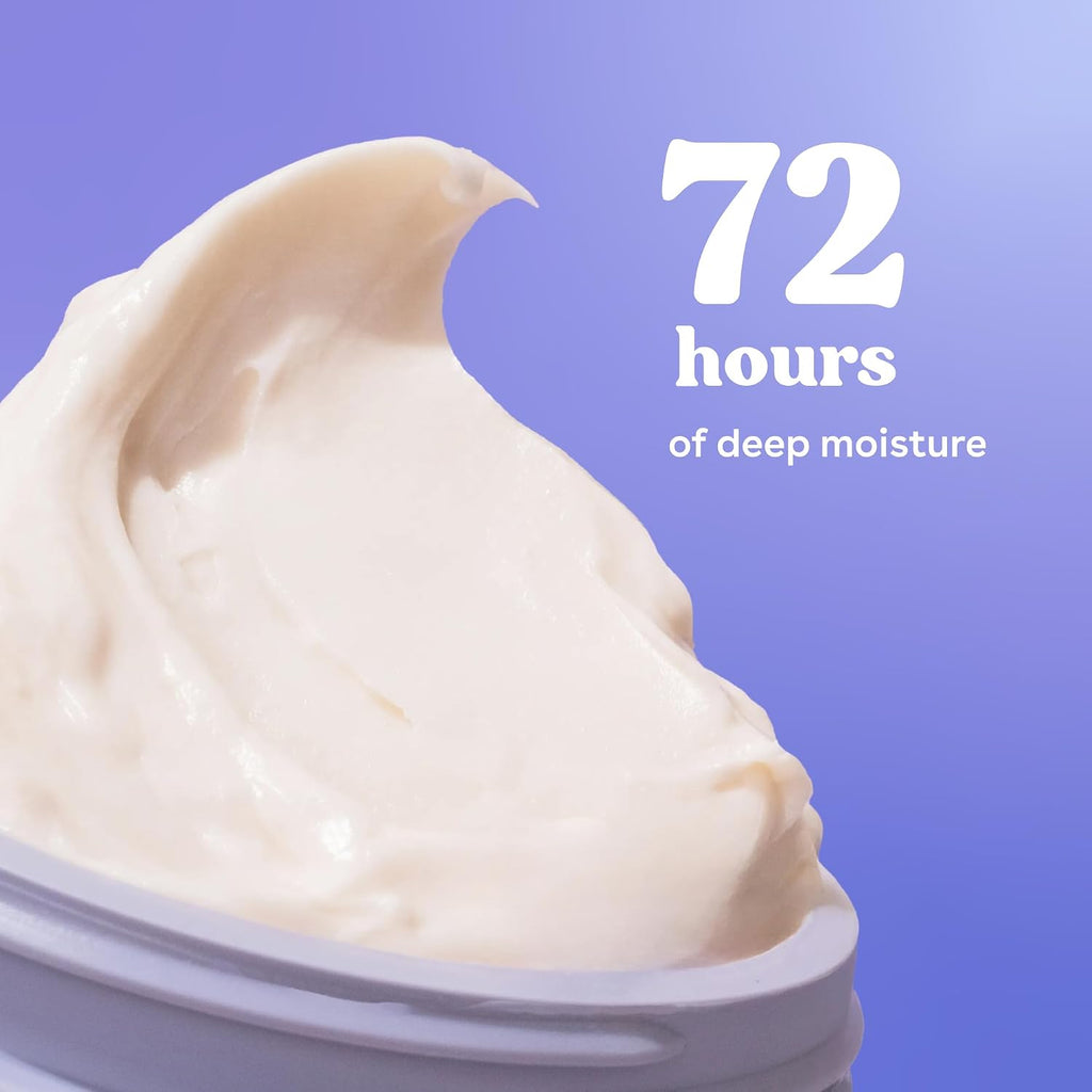A close-up of a thick, creamy off-white cosmetic cream swirled in a jar against a soft lavender-to-blue gradient background, with white text reading '72 hours of deep moisture'.