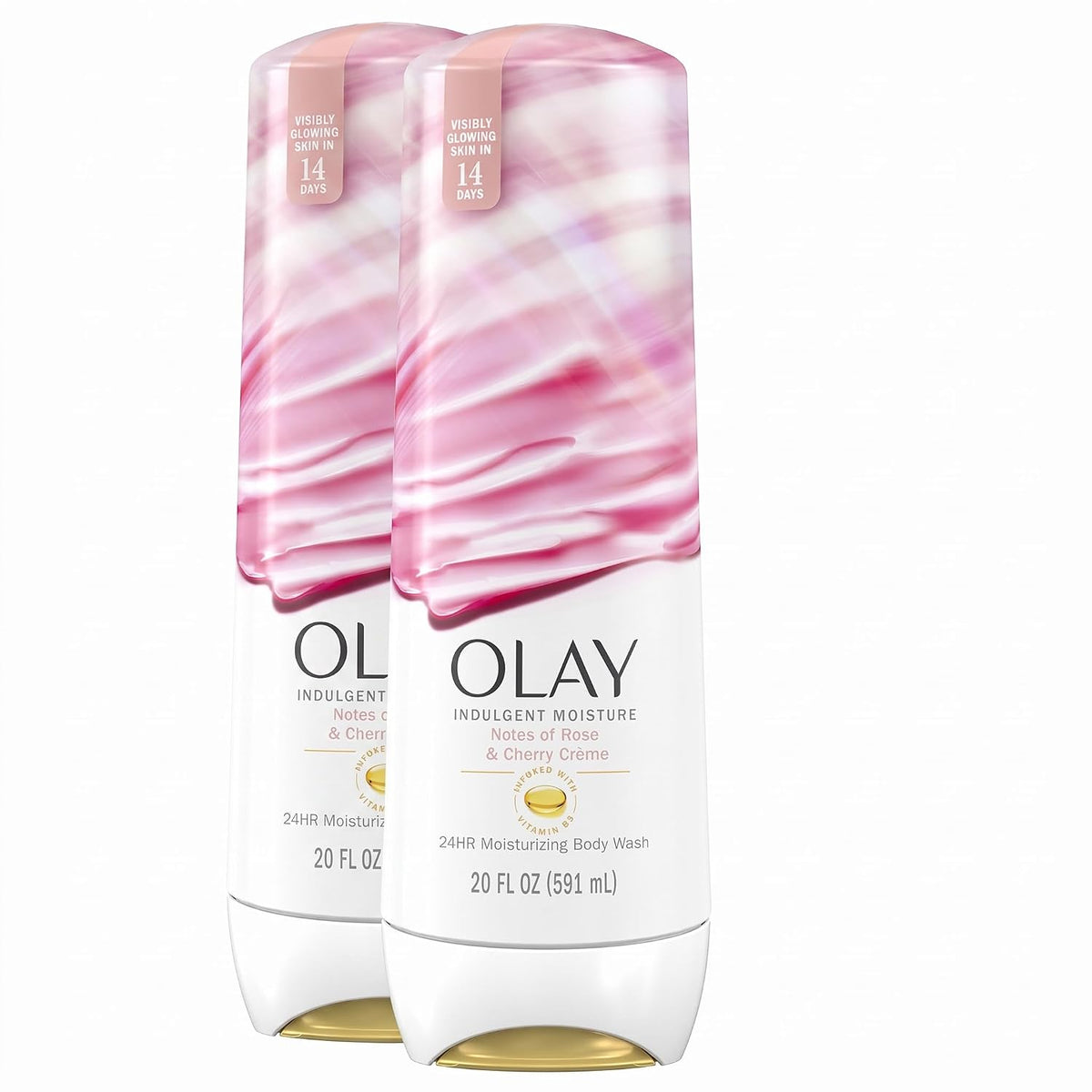 Two Olay Indulgent Moisture body wash bottles in 'Notes of Rose & Cherry Crème' (shade 14 rose) shown side-by-side on a white background.