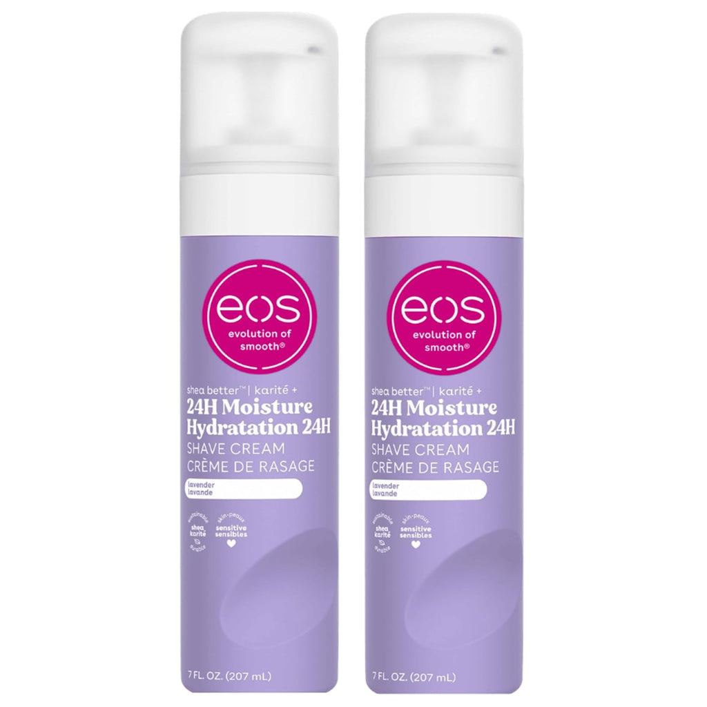 Two 7 fl oz bottles of EOS 24H Moisture Hydration Shave Cream side by side on a white background.
