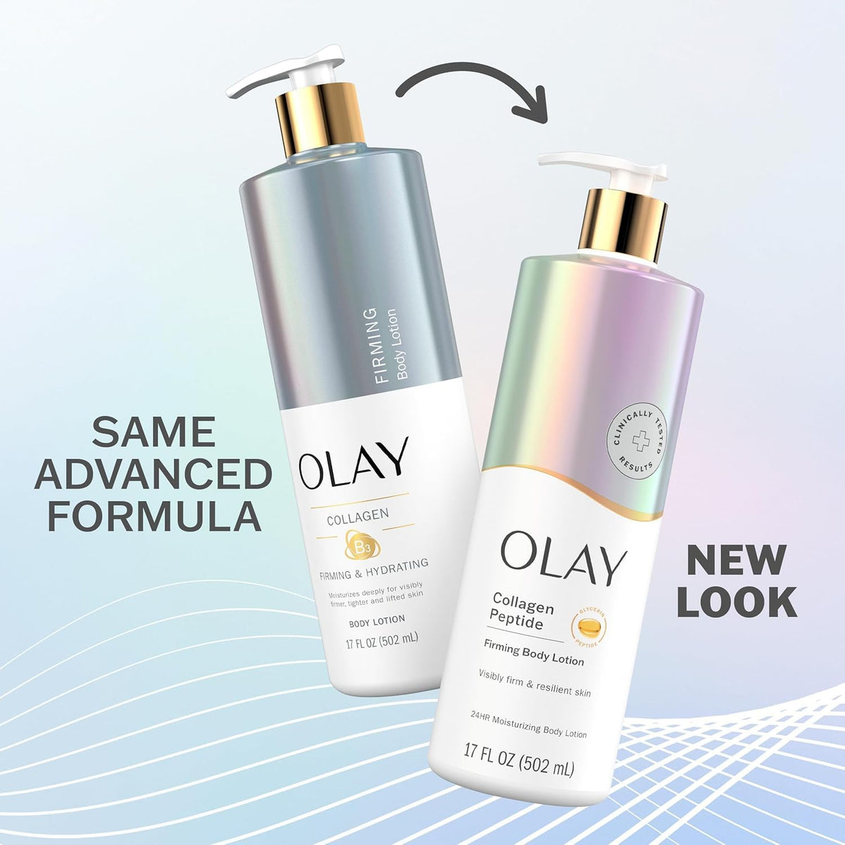 Two Olay body lotions with an 'old' and 'new' design on a light blue background.
