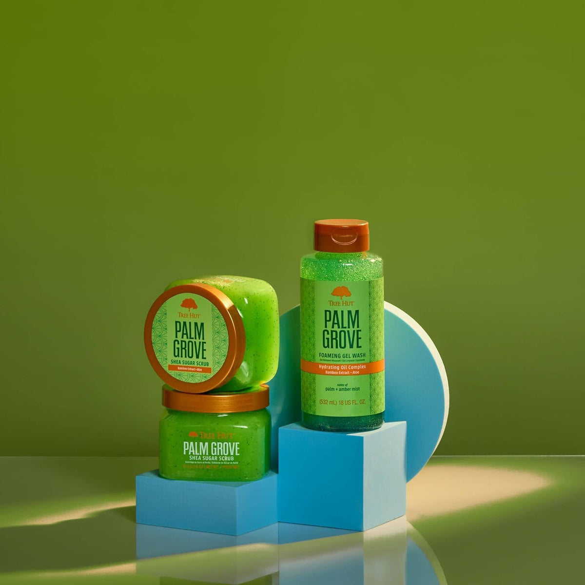 Palm Grove skincare products on a green background