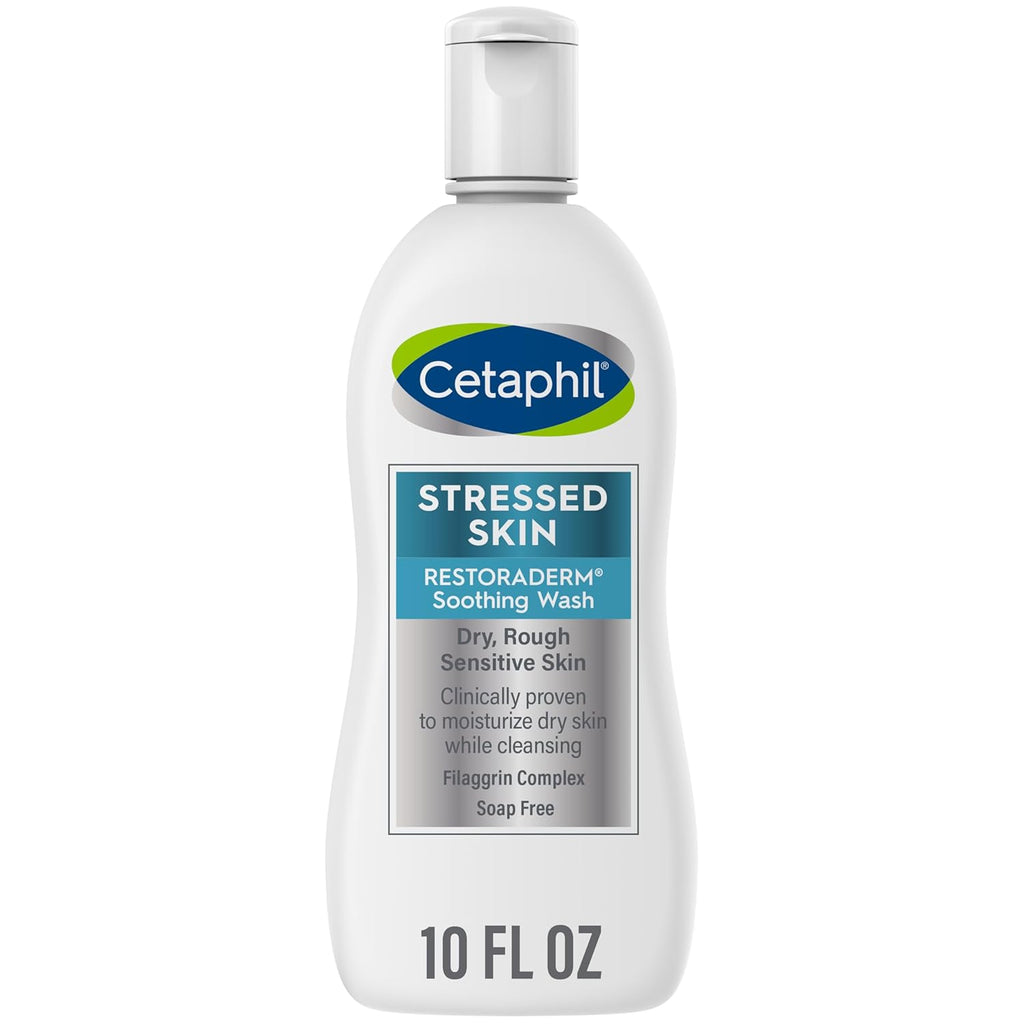 Cetaphil bottle of Restoraderm Soothing Wash for stressed skin on a white background