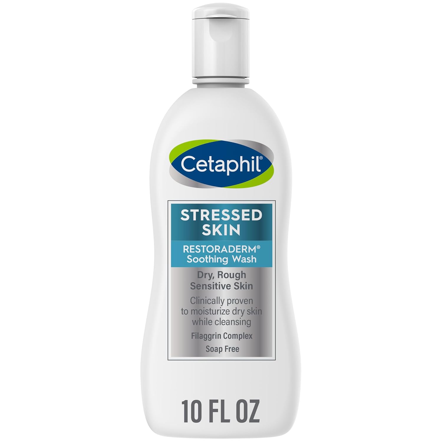 Cetaphil bottle of Restoraderm Soothing Wash for stressed skin on a white background