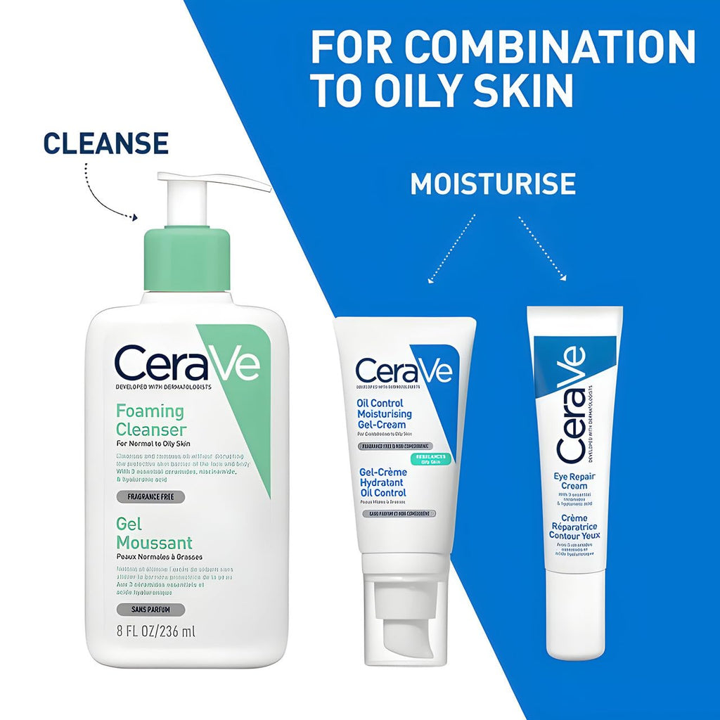 CeraVe skincare products for combination to oily skin on a white background with blue accents.