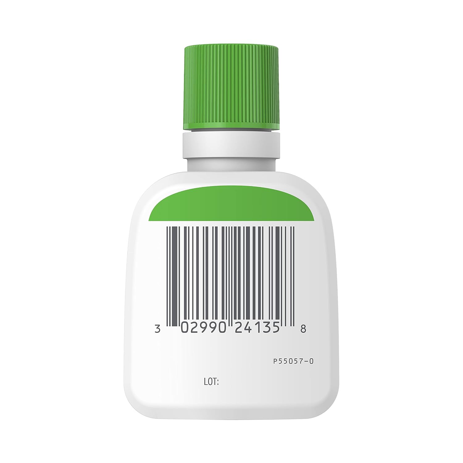 Small bottle with a green cap and label on a white background