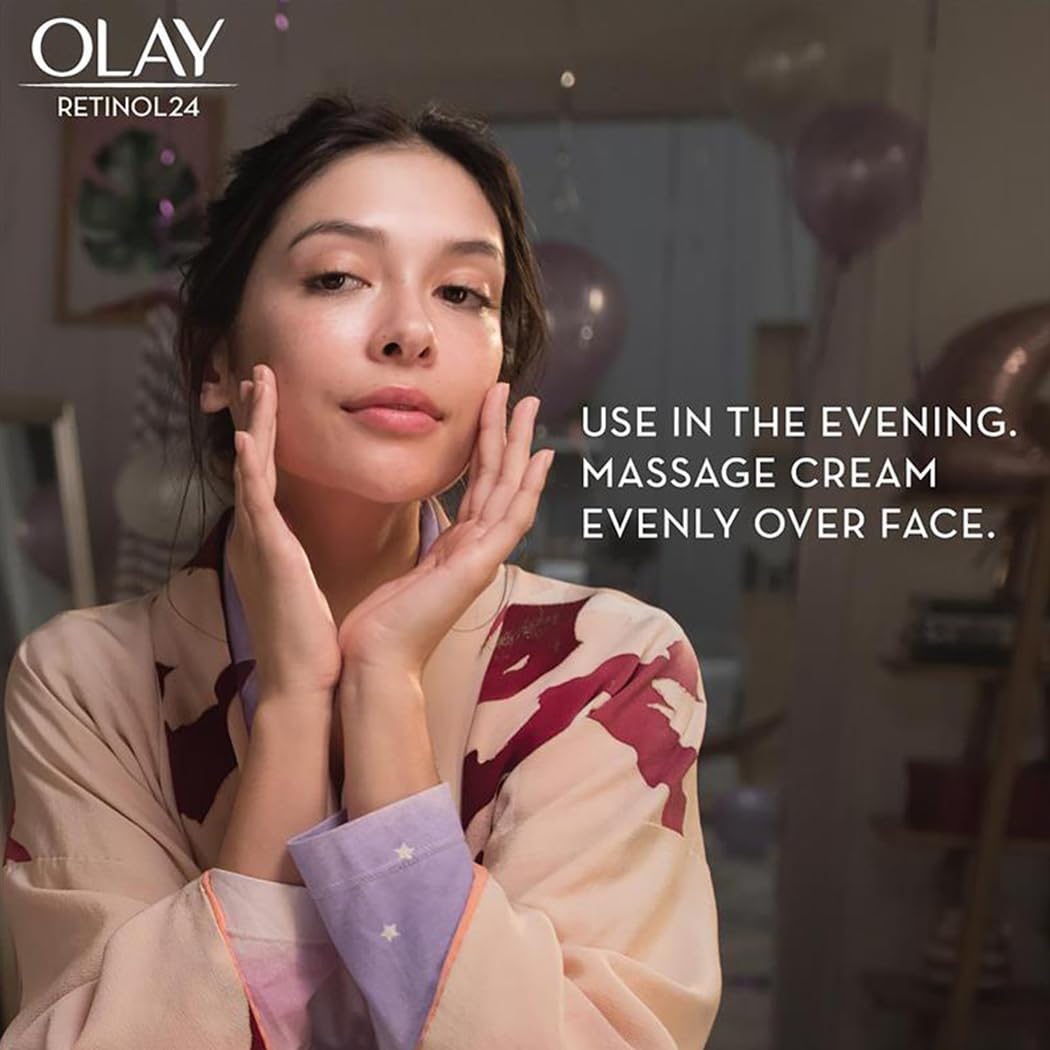 Woman applying cream to her face with OLAV Retinol24 text overlay.