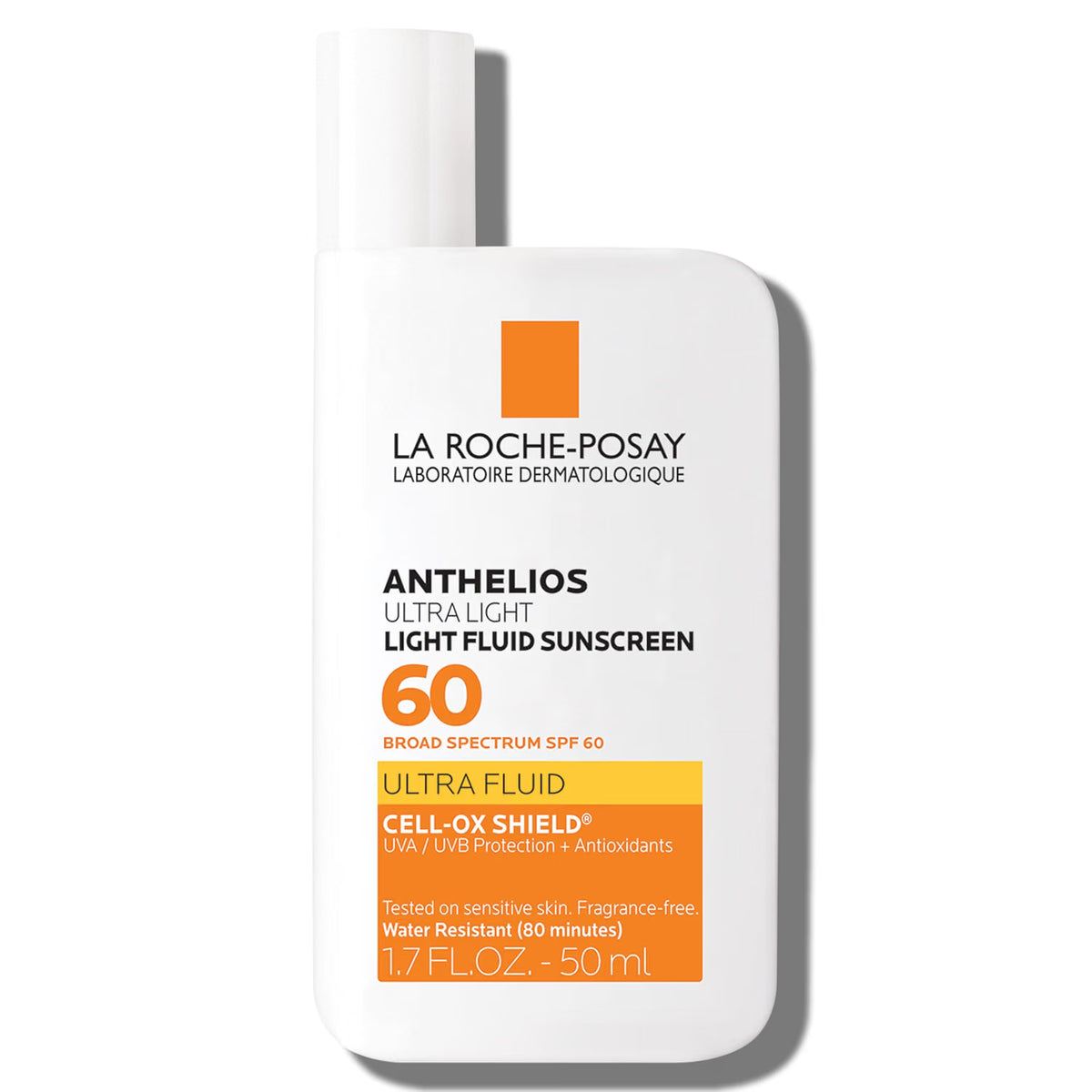 La Roche-Posay Anthelios Ultra Light Fluid Sunscreen SPF 60 bottle shown on a light gray background
