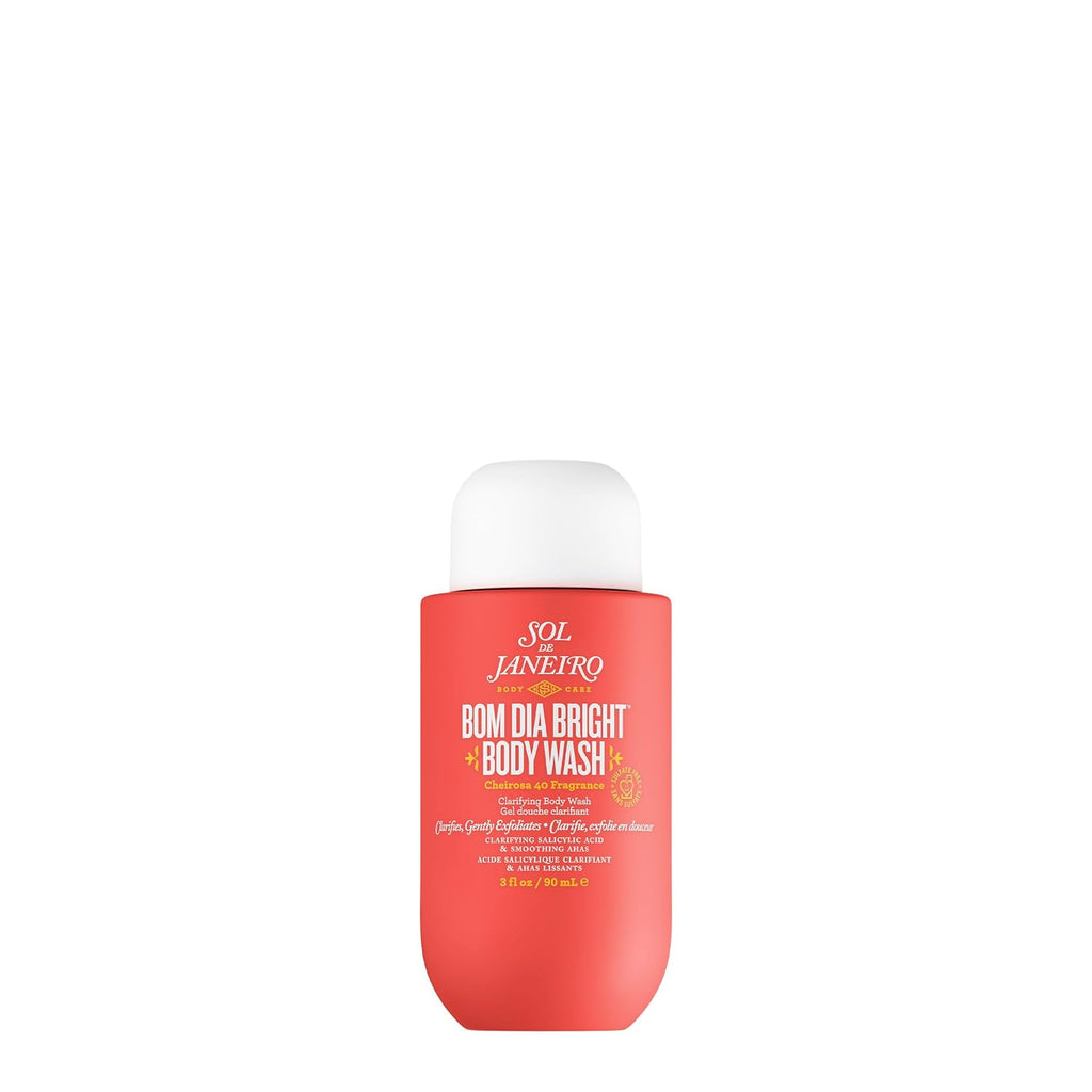 Red bottle of Sol de Janeiro Bom Dia Bright Body Wash on a white background
