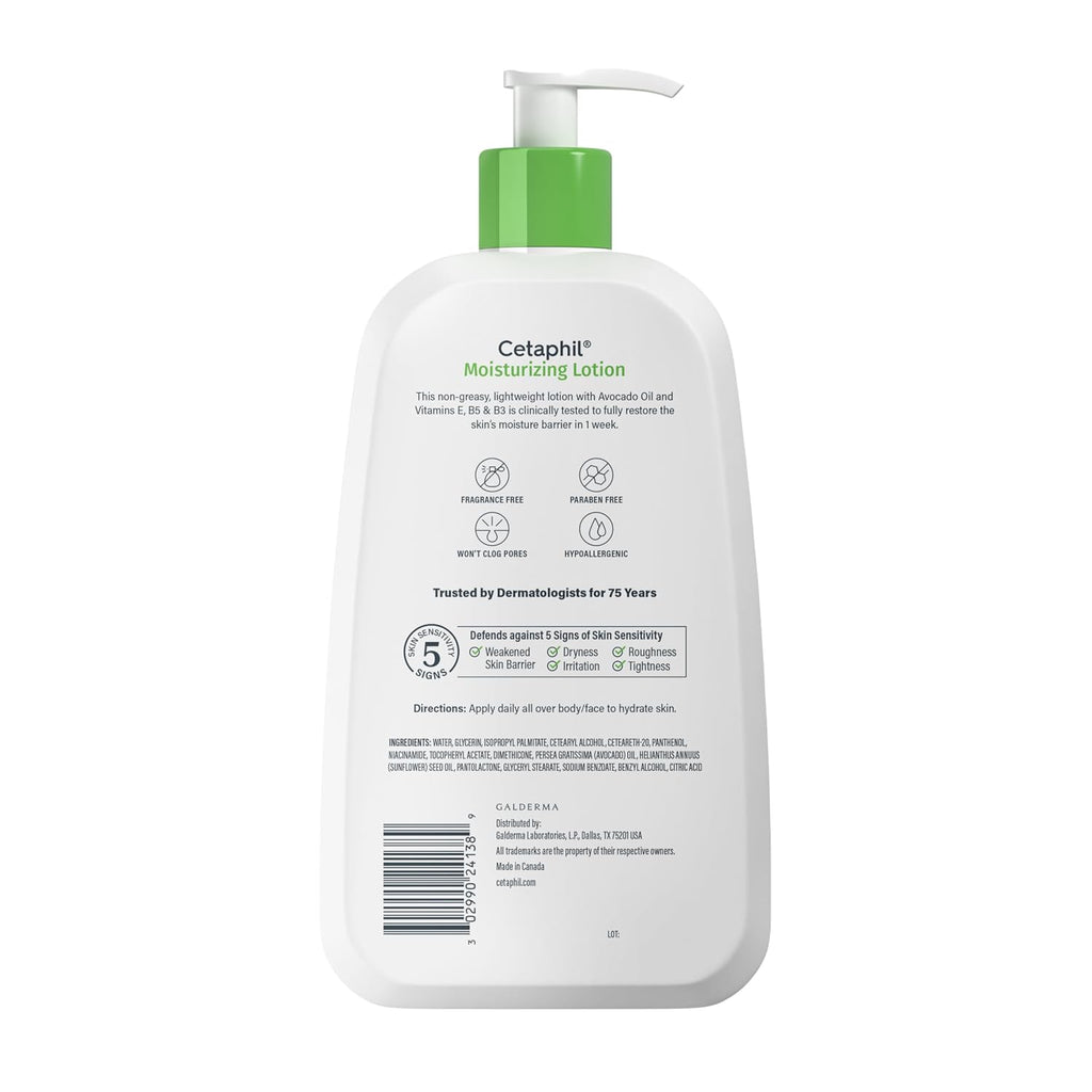 The back of a Cetaphil Moisturizing Lotion bottle, showing the white plastic container, green pump, and back label details on a white background.