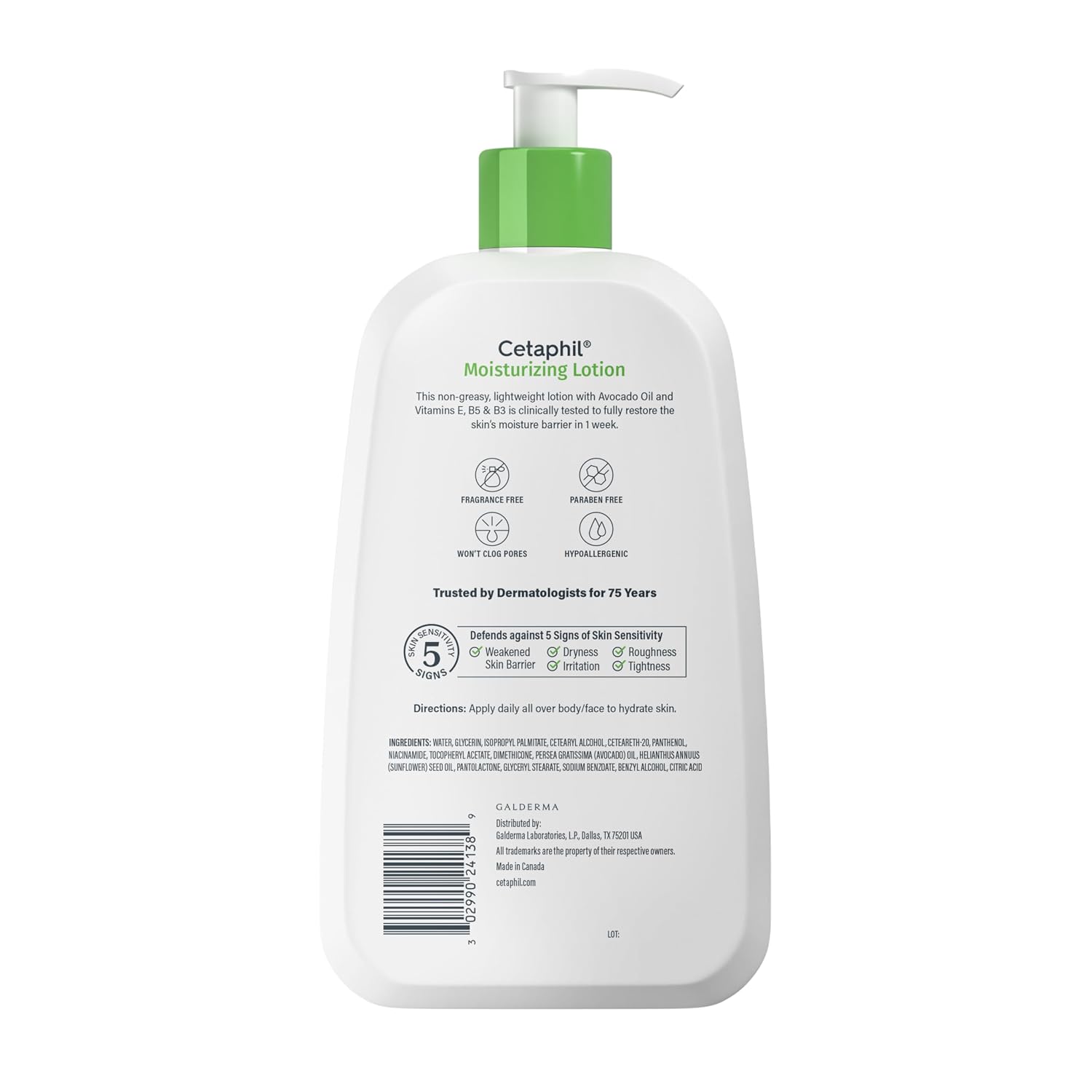 The back of a Cetaphil Moisturizing Lotion bottle, showing the white plastic container, green pump, and back label details on a white background.