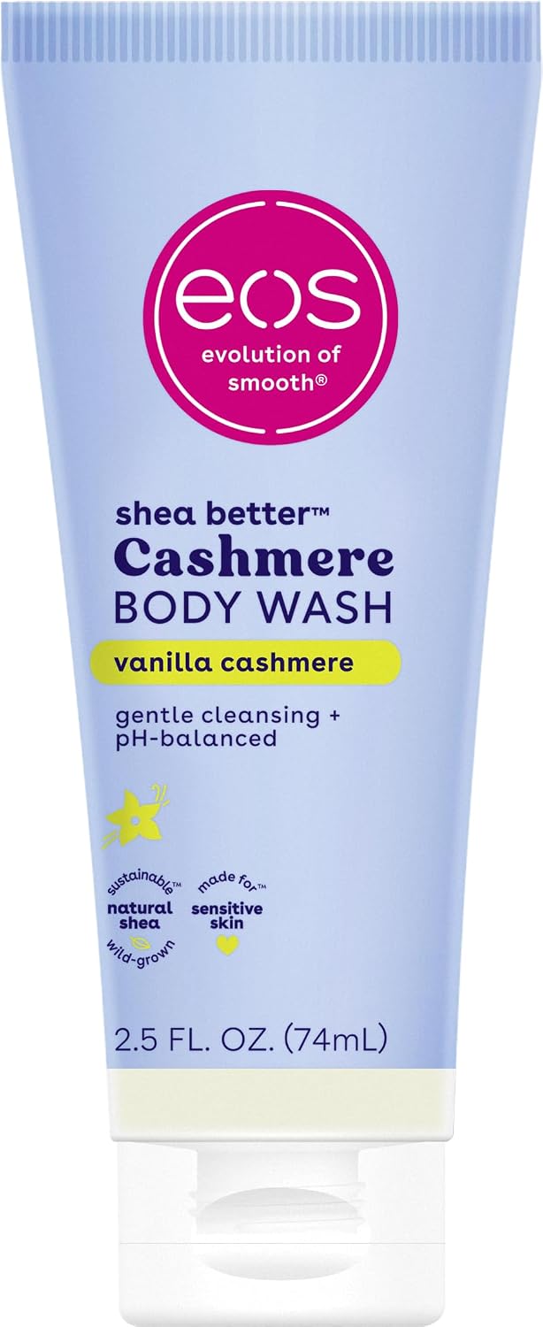 Tube of eos shea butter Cashmere Body Wash in vanilla cashmere scent on a white background