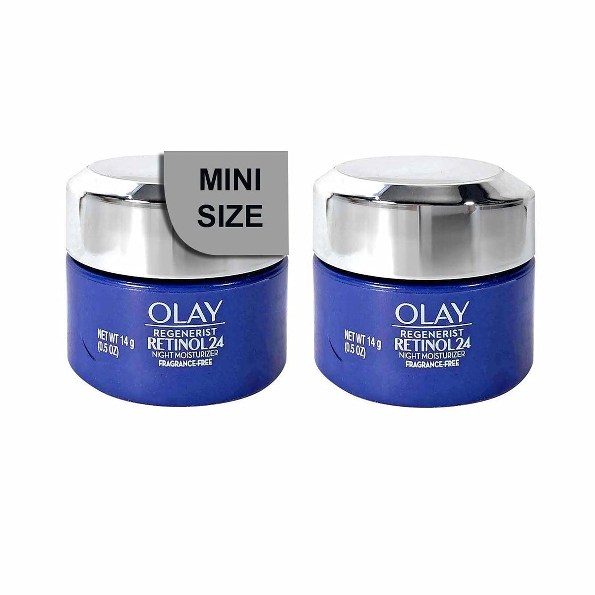 Two Olay Regenerist Retinol 24 night moisturizers with a 'Mini Size' label on a white background.