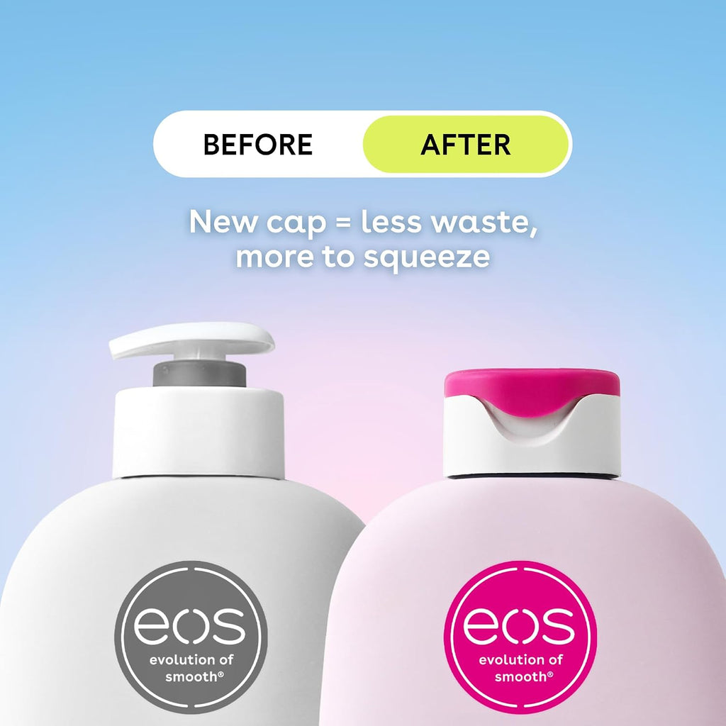 Two EOS lip balm bottles with text about a new cap design on a gradient background