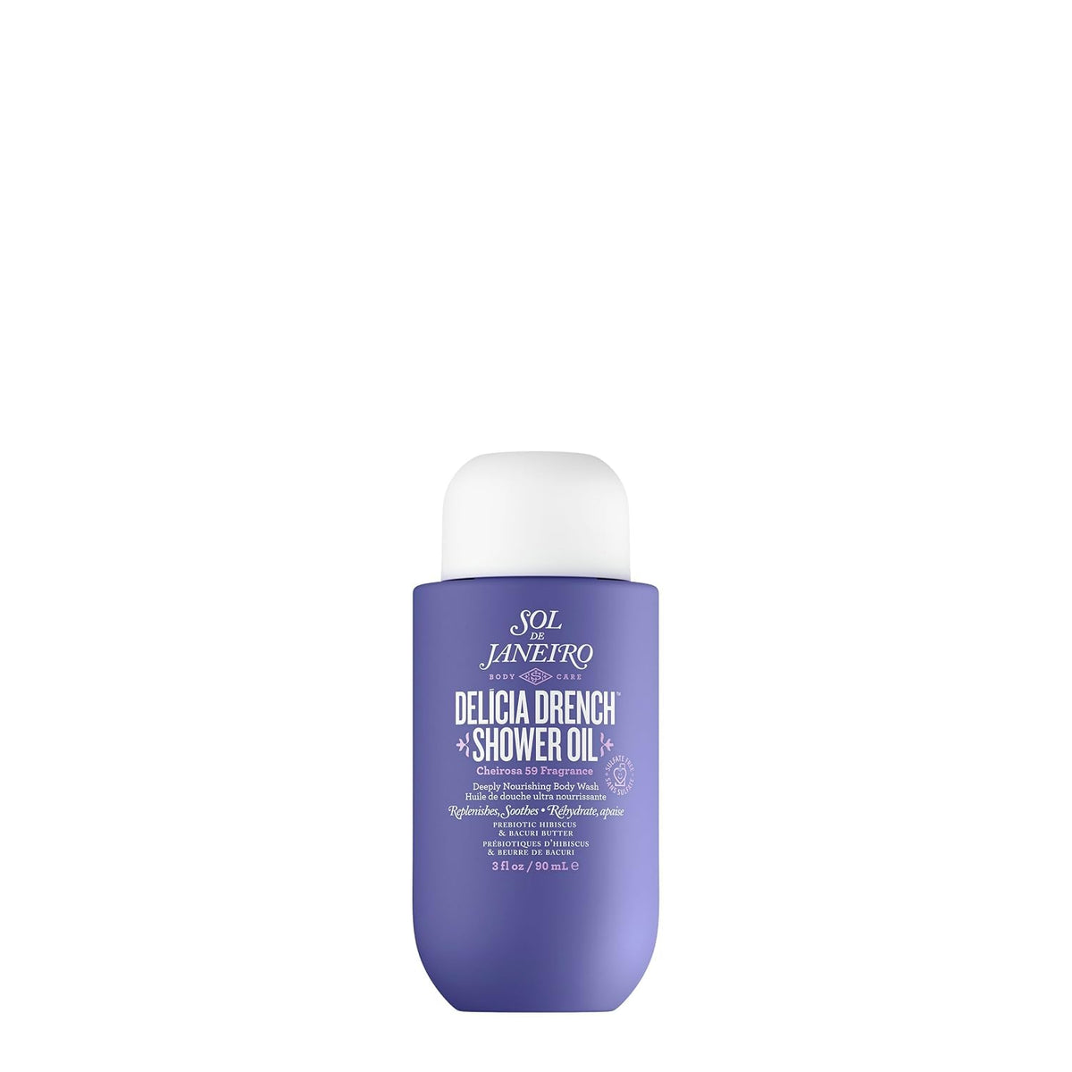 A bottle of Sol Janeiro Delicia Drench Shower Oil in a lavender purple bottle with a white cap, centered on a solid white background.