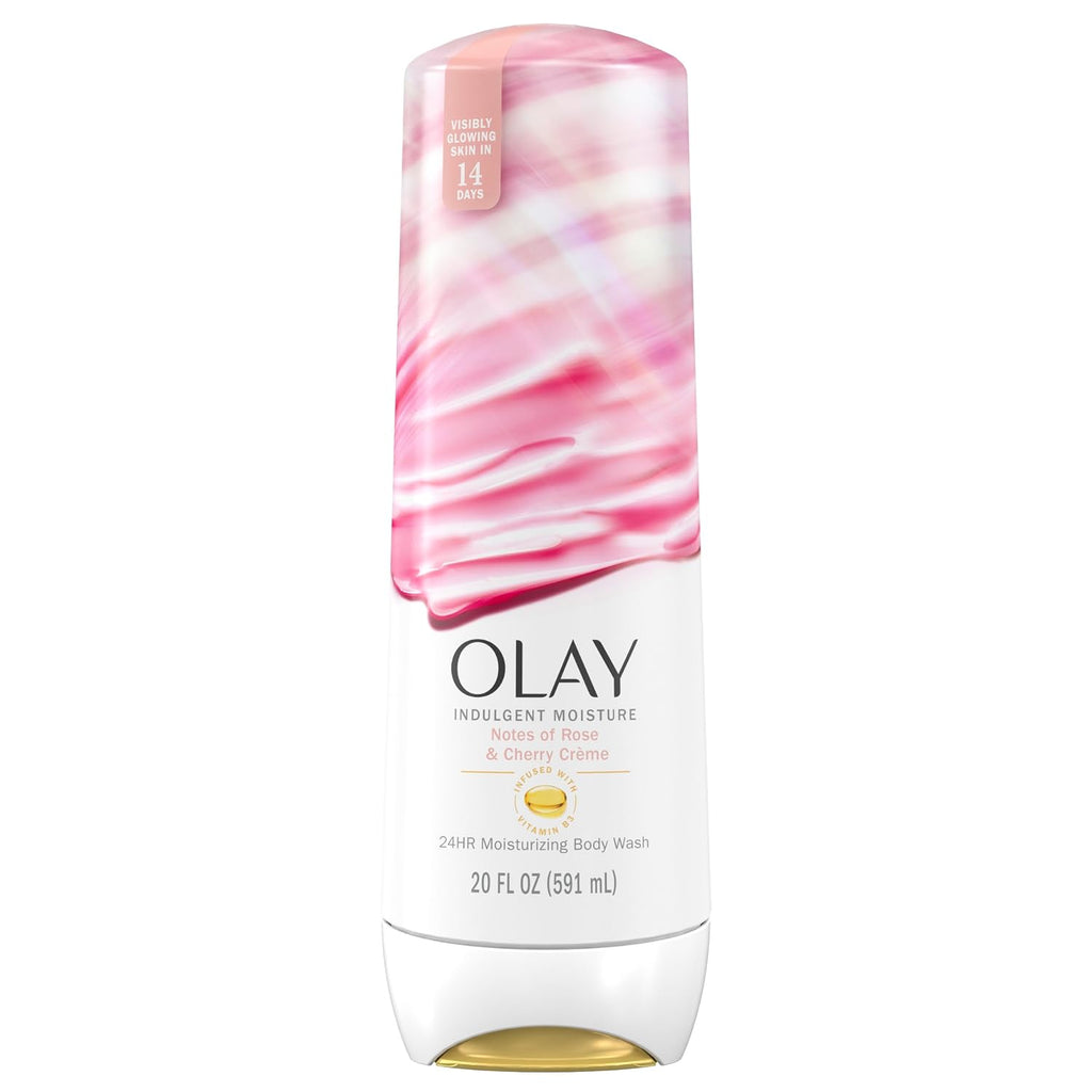 Olay body wash bottle with pink and white marbled design on a white background