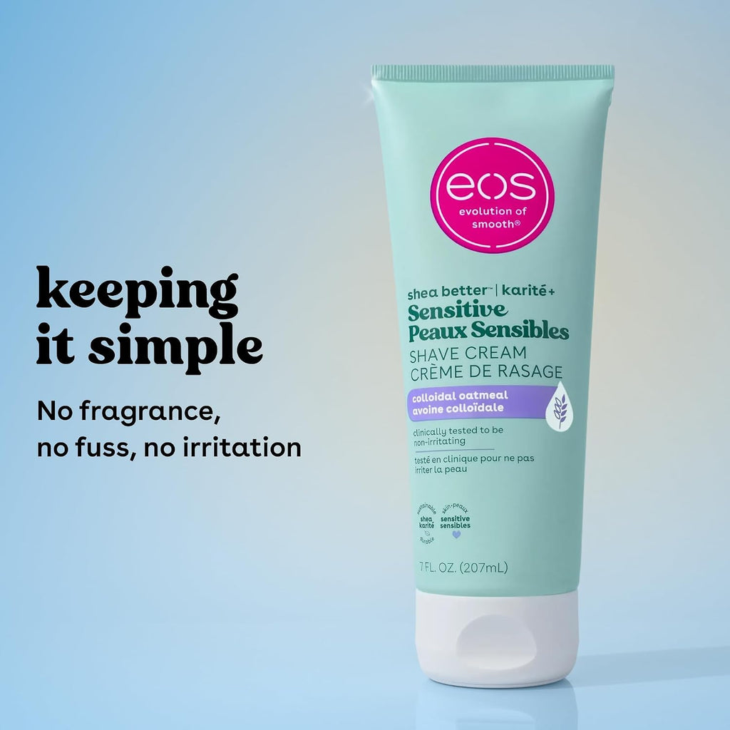 A squeeze tube of EOS Sensitive Peaux Sensibles Shave Cream on a light blue gradient background with marketing text on the left. The tube is mint green with a white cap and a pink circular EOS logo.