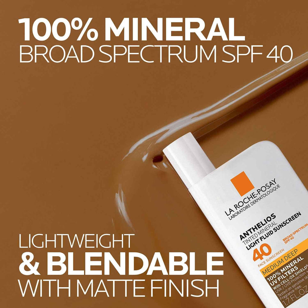 La Roche-Posay sunscreen bottle with text highlighting SPF 40, mineral properties, and blendable finish on a brown background.