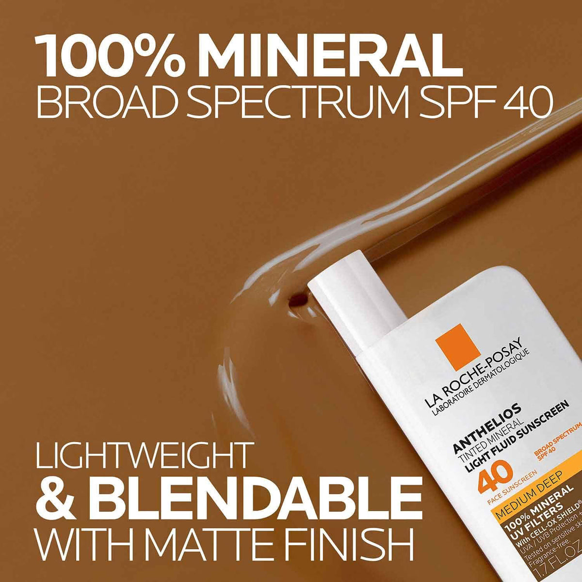La Roche-Posay sunscreen bottle with text highlighting SPF 40, mineral properties, and blendable finish on a brown background.