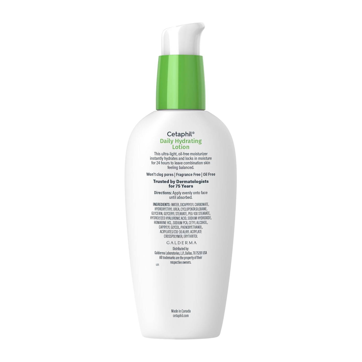 Calderma daily hydrating lotion bottle with green cap on a white background