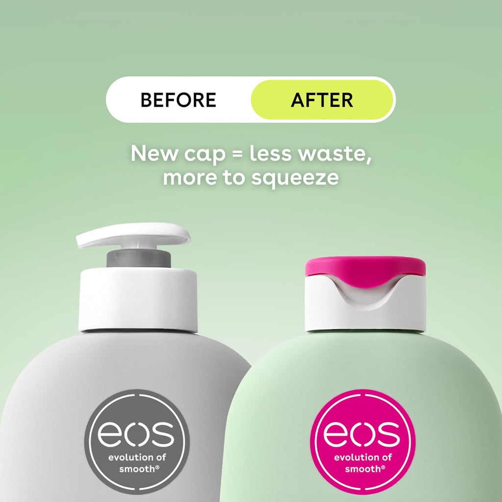 Two bottles of eos with text about a new cap design on a green background