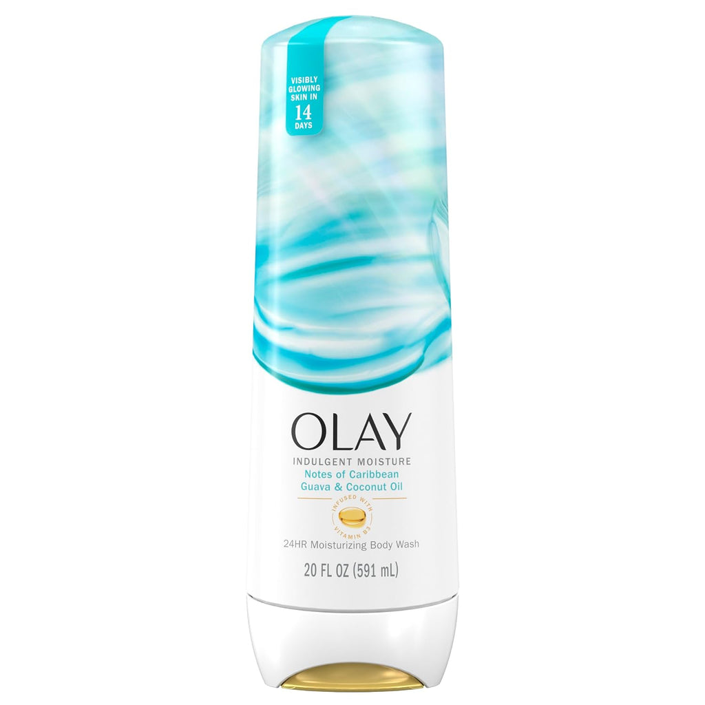 Olay body wash bottle with blue and white design on a white background