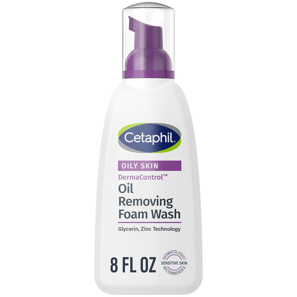 Cetaphil oil removing foam wash bottle on a white background