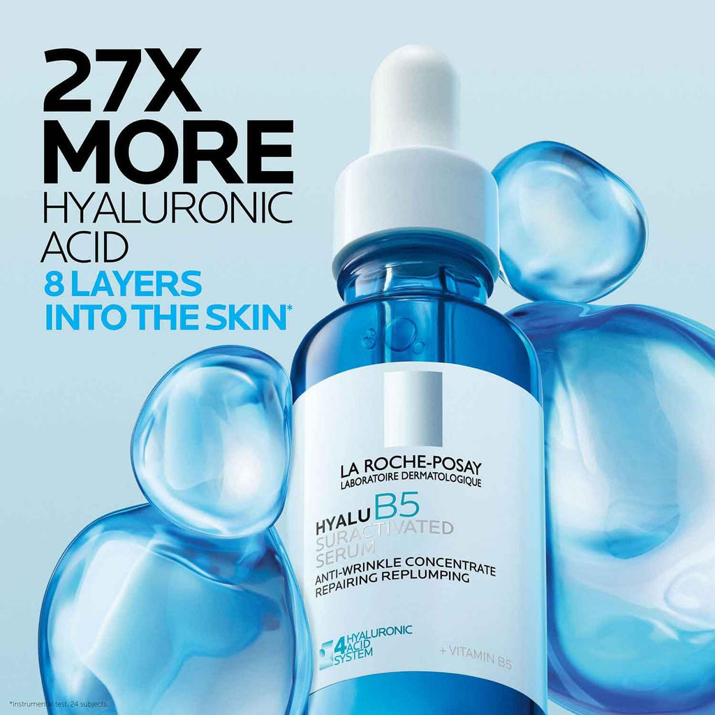 La Roche-Posay Hyalu B5 serum bottle with blue droplets on a light blue background