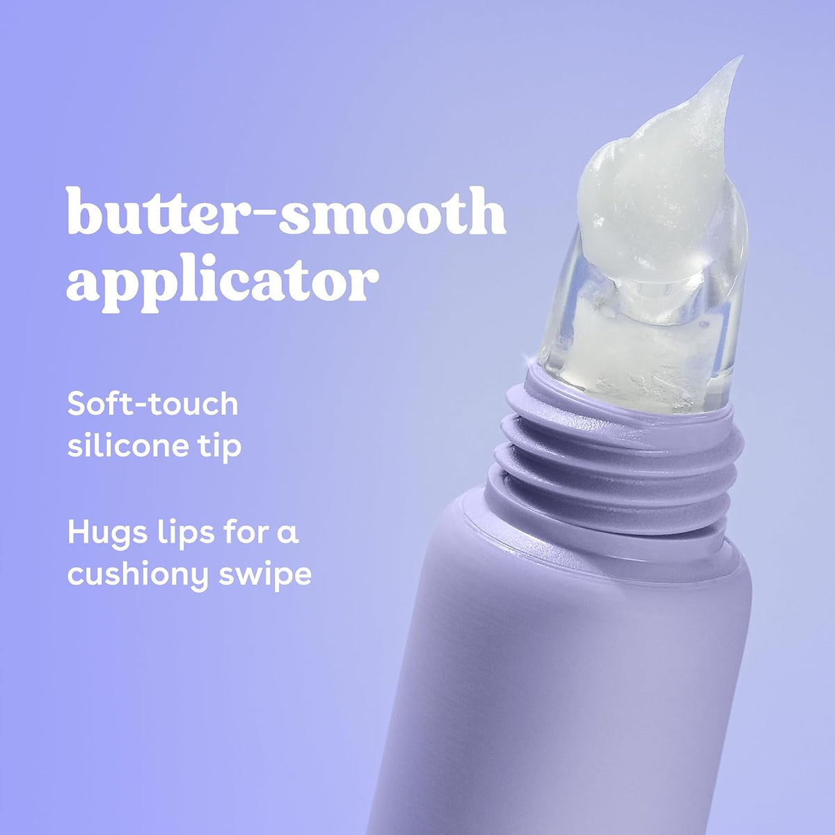 A close-up of a lip balm or cream tube with a clear silicone applicator tip dispensing white cream, set against a soft lavender background with white text describing the product features.