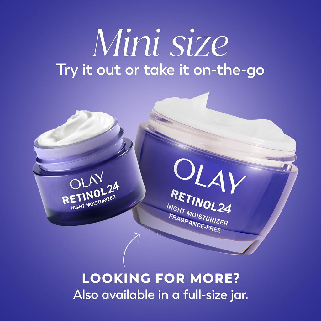 Two Olay Retinol 24 night moisturizer jars on a purple background with text about mini size and availability.