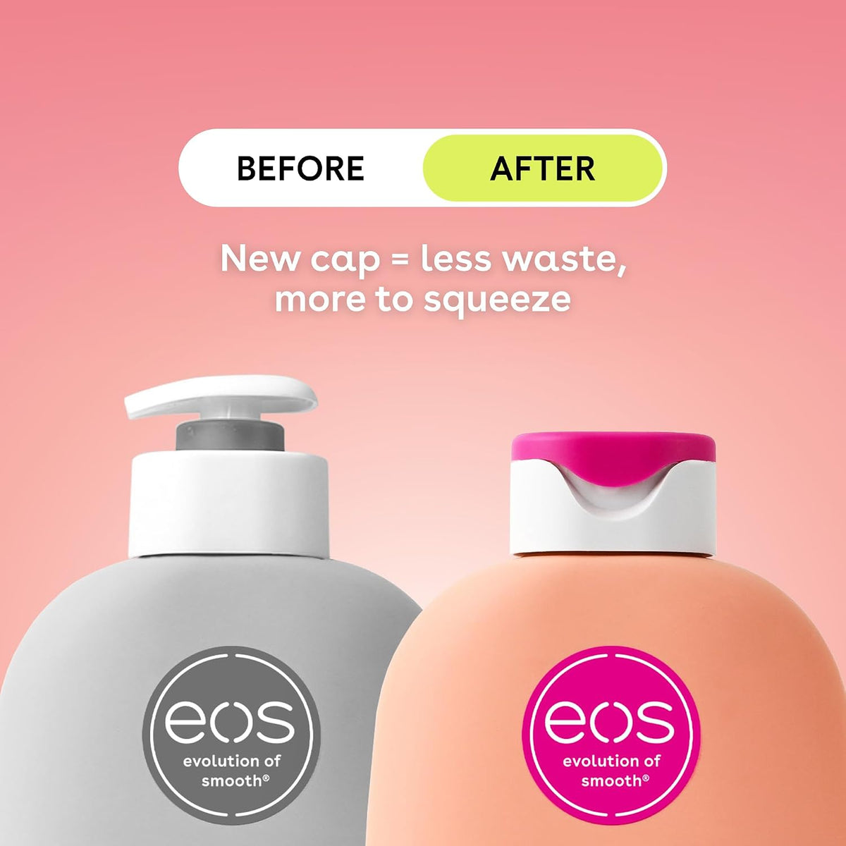Before and after comparison of EOS lip balm bottles with text on a pink background