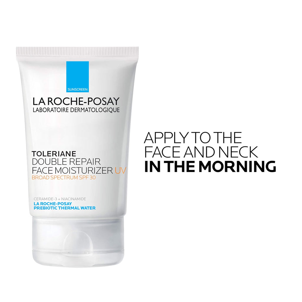 La Roche-Posay Toleriane Double Repair Face Moisturizer UV in a white squeeze tube, shown next to the text 'APPLY TO THE FACE AND NECK IN THE MORNING' on a white background.