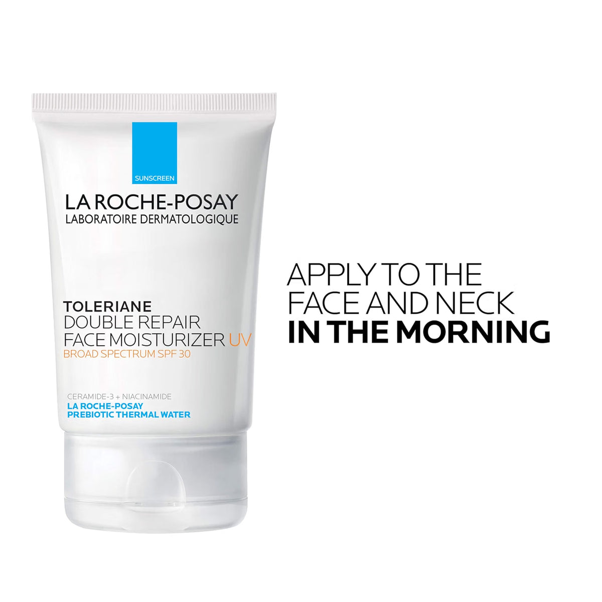 La Roche-Posay Toleriane Double Repair Face Moisturizer UV in a white squeeze tube, shown next to the text 'APPLY TO THE FACE AND NECK IN THE MORNING' on a white background.