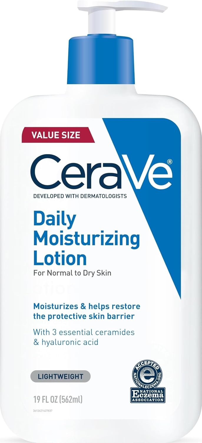 CeraVe Daily Moisturizing Lotion in a white pump bottle with a blue pump and blue label accents, shown on a plain white background.