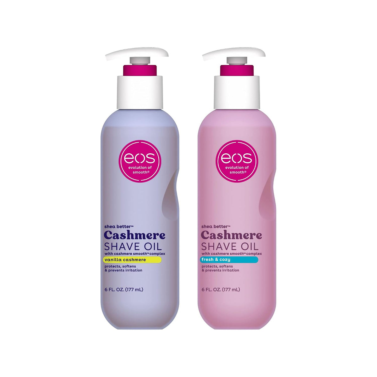 Two EOS Cashmere Shave Oil bottles side by side on a white background, one lavender with a pink cap and one pink with a magenta cap.